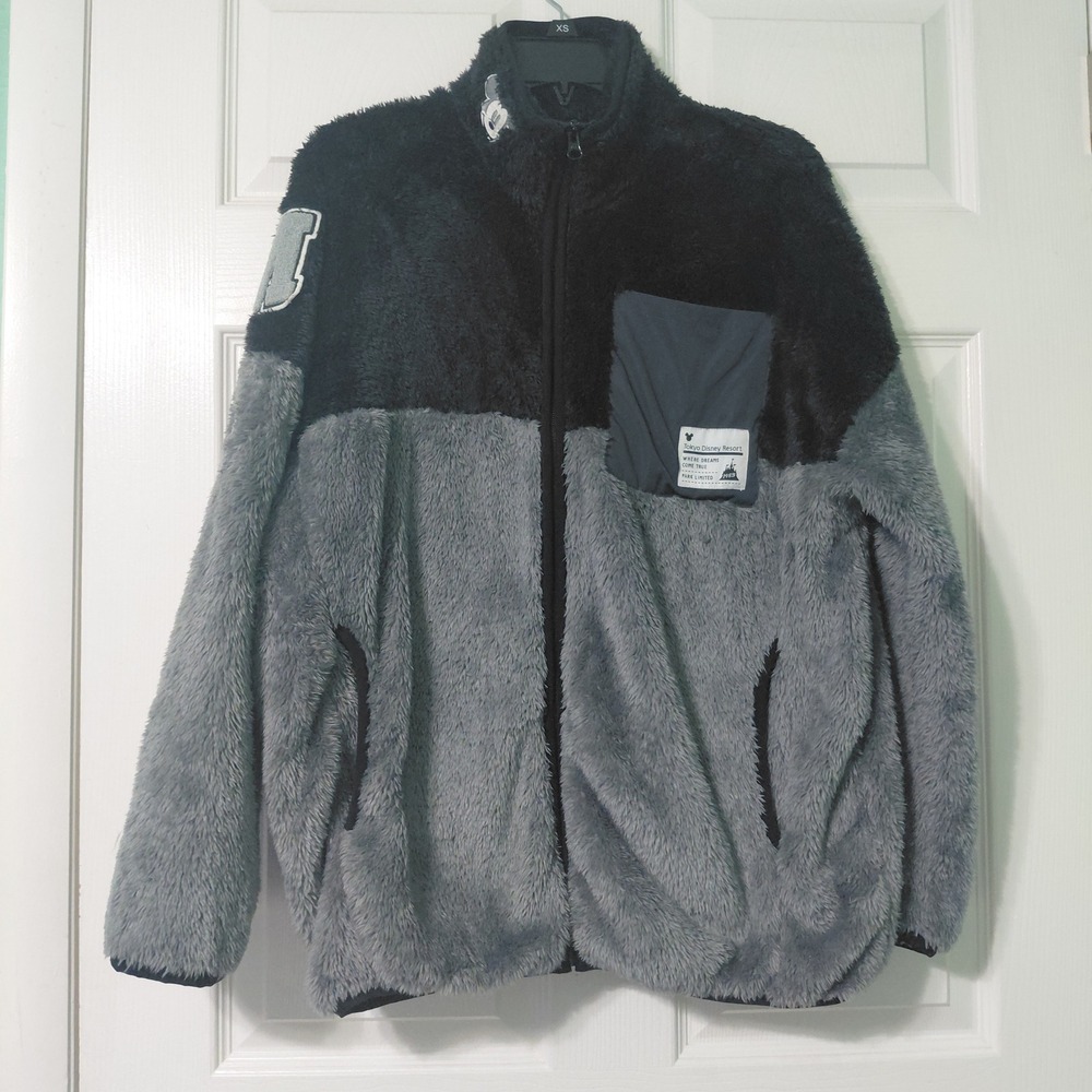 Tokyo Disney Resort Mickey Mouse Sherpa Fleece Jacket Grey Black Full Zip XS